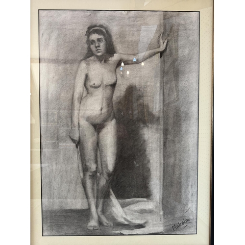 1552 - A framed drawing and print, to include: Malcolm (British, Late 20th Century) - Study of a female nud... 