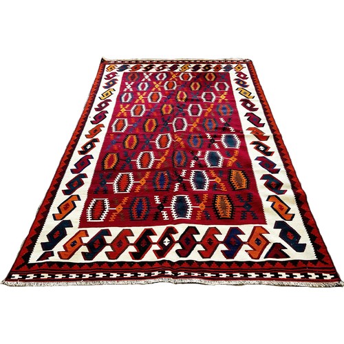 1501 - South West Persian Qasgai Kilim, with a central red panel decorated with diagonal lines of stepped l... 