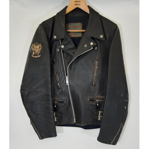 901 - Vintage black leather bikers jacket by Speedman bearing arm badge for Motorhead 'Iron Fist' Tour 198... 