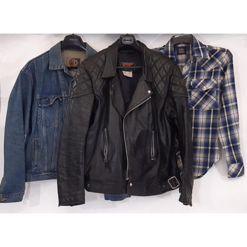 912 - A vintage black leather bikers jacket by TT leathers size 44 (AF), together with a 1980's trucker st... 