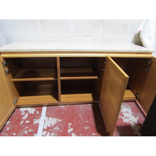 1463 - A contemporary side cupboard in beechwood with travertine stone top and door panels, 190cm x 53cm