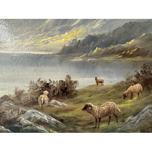 1568 - R.H.J. (20th Century) - Mountain landscape with sheep and ram in the foreground (1922), initialled a... 