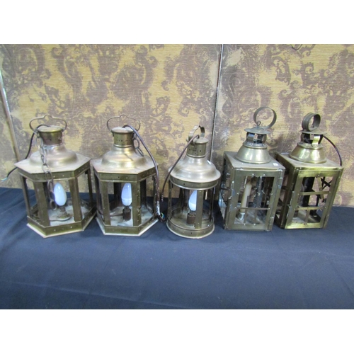 1047 - 5 brass lanterns, hexagonal, circular and square all adapted for electricity