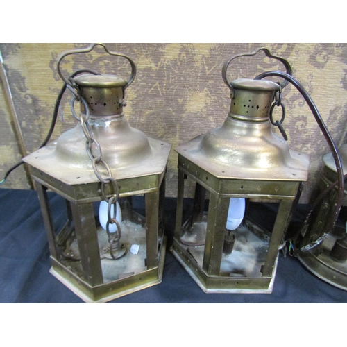 1047 - 5 brass lanterns, hexagonal, circular and square all adapted for electricity