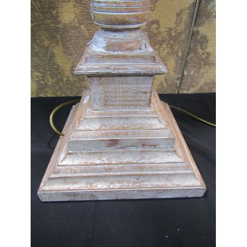 1049 - A hardwood column lamp on stepped base, 70cm high (plus fittings) with shade