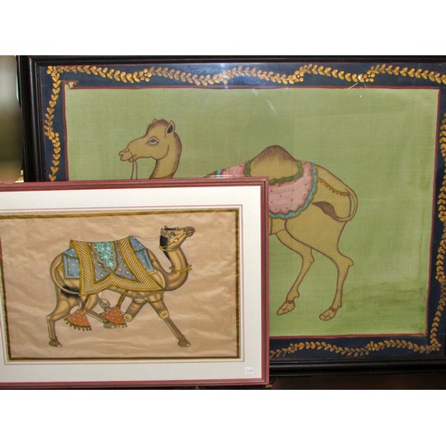 1674 - Eight framed works to include: Two large 20th century Mughal style paintings of camels, gouache and ... 