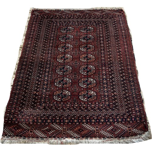 1489 - A Bokara Tekke rug with two rows of elephant foot guls on a red ground, 147cm x 103cm approximately