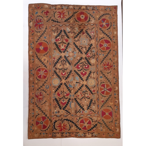 903 - 19th century Uzbek Suzani panel created from 4 sections embroidered in silk chain stitch on dark och... 