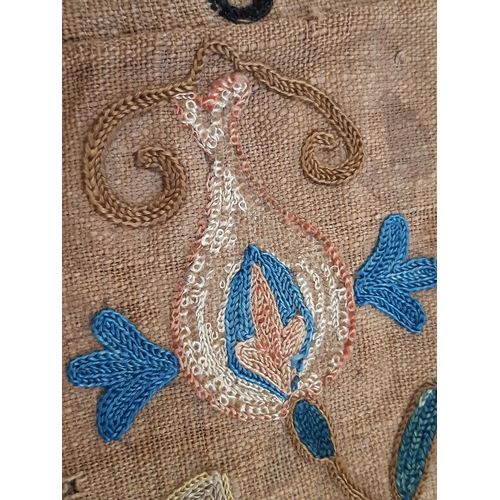 903 - 19th century Uzbek Suzani panel created from 4 sections embroidered in silk chain stitch on dark och... 