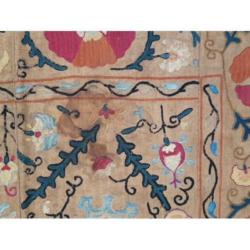 903 - 19th century Uzbek Suzani panel created from 4 sections embroidered in silk chain stitch on dark och... 