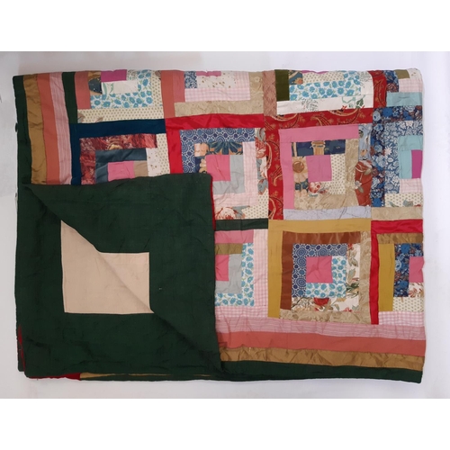 913 - Vintage patchwork quilt, machine stitched in log cabin style, lined and padded 215 x 275cm