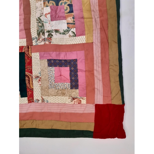 913 - Vintage patchwork quilt, machine stitched in log cabin style, lined and padded 215 x 275cm