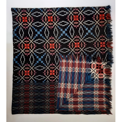 915 - Traditional Welsh woollen blanket in reversible  weave in red, blue, black and white, 240x220cm