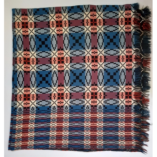 915 - Traditional Welsh woollen blanket in reversible  weave in red, blue, black and white, 240x220cm