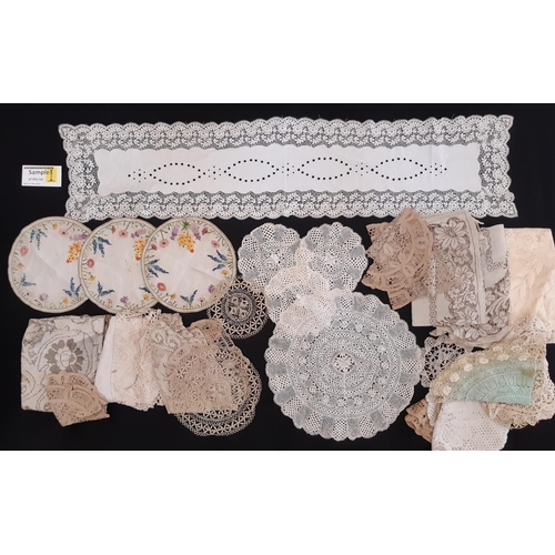 926 - A collection of vintage table linen including colourful embroidered small mats, Maltese lace mats, c... 