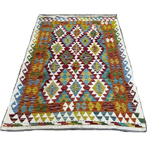 1495 - A Chobi kilim  with three rows of extended hooked medallions, 187  x 125cm approximately