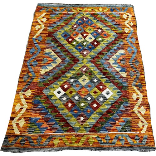 1505 - A Chobi kilim with two interlocking multi diamond patterned medallions, 128 x 86cm approximately