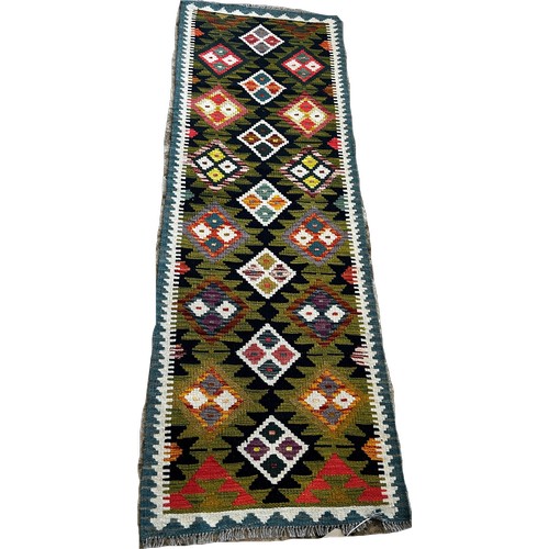 1533 - A Maimana kilim runner with rows of diamonds and stepped diamonds, 199 x 66cm approximately