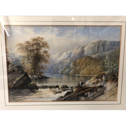 1554 - Attributed to Cornelius Pearson (1805-1891) - Two fishermen by a weir with a sublime mountain vista ... 