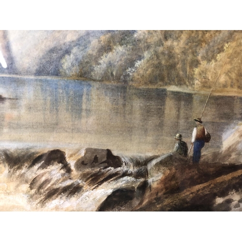 1554 - Attributed to Cornelius Pearson (1805-1891) - Two fishermen by a weir with a sublime mountain vista ... 