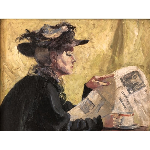 1555 - David Cox (20th Century) - Portrait of a lady reading a newspaper sat at a tea table (1964), signed ... 