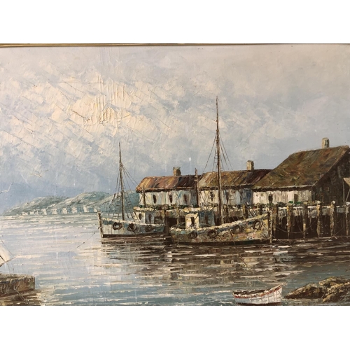 1558 - T. Jones (20th Century) - Fisherman's Port, signed lower left, oil on canvas, 60 x 120 cm, framed