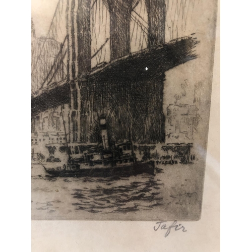 1563 - Jafir - Brooklyn Bridge with New York Skyline in the Distance (c.1930), signed 'Jafir' in pencil low... 