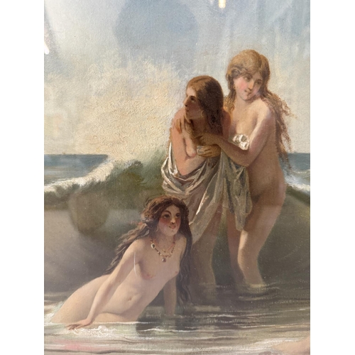 1589 - Adolf Lalyre (French, 1848-1933) - Sirens on the Beach, unsigned, oil on canvas, 41 x 56 cm, in gilt... 