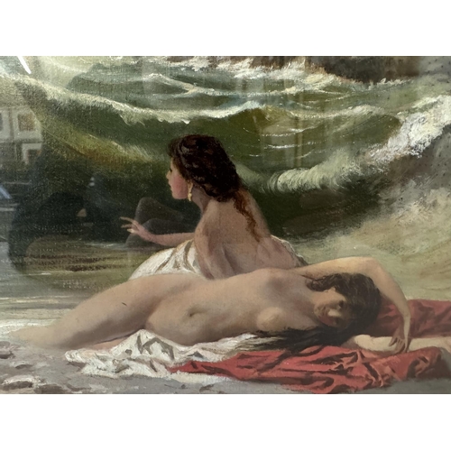 1589 - Adolf Lalyre (French, 1848-1933) - Sirens on the Beach, unsigned, oil on canvas, 41 x 56 cm, in gilt... 