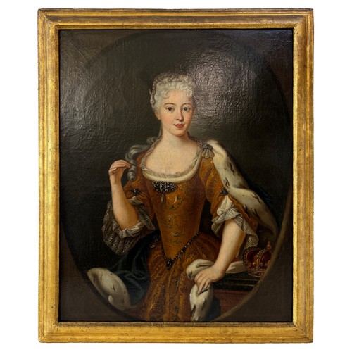 Circle of Antonio David (1698–1750) - Portrait of Maria Clementina Sobieska (18th Century), half-length in a gold dress and ermine-lined cloak with her crown beside her, oil on canvas, with label inscribed 'Clementina Sobieska on 'Old Pretender'' and indistinctly dated '1719'? verso, unsigned, 102 x 80 cm. Maria Clementina Sobieska (1702–1735) was the wife of James Francis Edward Stuart, a Jacobite claimant to the British throne. Descended from the Polish king John III Sobieski, she was the mother of Charles Edward Stuart ("Bonnie Prince Charlie") and Henry Benedict Cardinal Stuart.