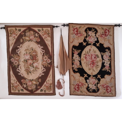 931 - 2 needlepoint panels with hanging rods, each 90x58cm  approx both depicting floral rose designs, tog... 