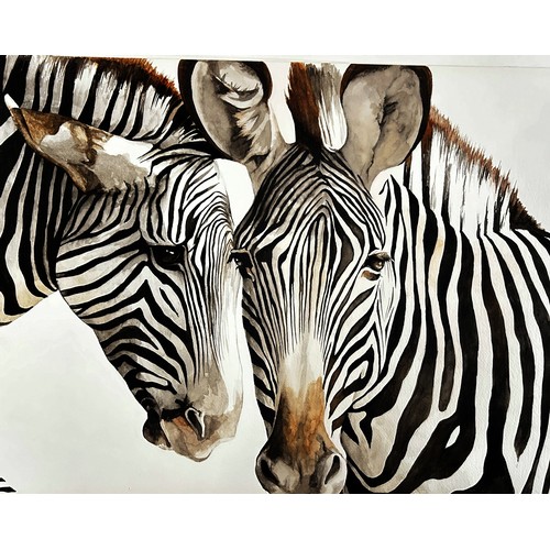 1661 - Dominique Salm (b.1972) 'Zebras', watercolour on paper, signed in pencil below, 76 x 39.5 cm, unfram... 