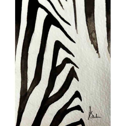 1661 - Dominique Salm (b.1972) 'Zebras', watercolour on paper, signed in pencil below, 76 x 39.5 cm, unfram... 