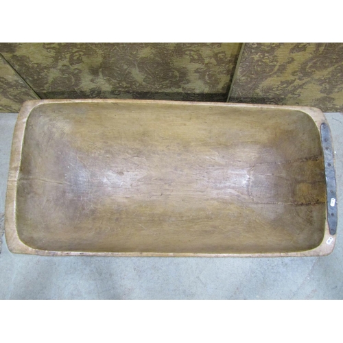 1065 - A timber dough trough, a twin Oxen timber yoke and a timber peasant fork