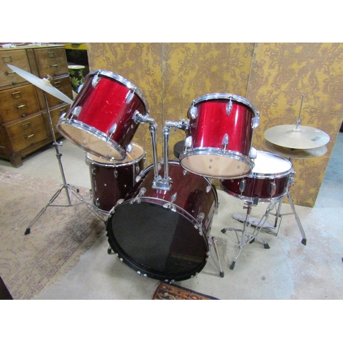 1079 - Five piece drum kit with maroon bands, chrome fittings together with cymbals, stool, etc