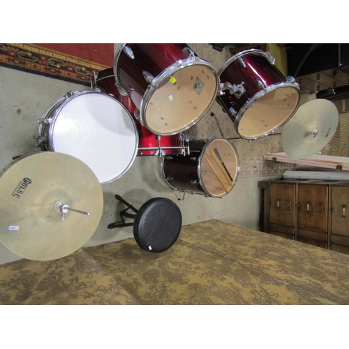 1079 - Five piece drum kit with maroon bands, chrome fittings together with cymbals, stool, etc