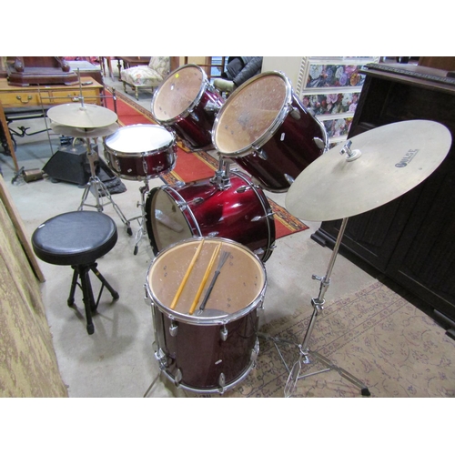 1079 - Five piece drum kit with maroon bands, chrome fittings together with cymbals, stool, etc