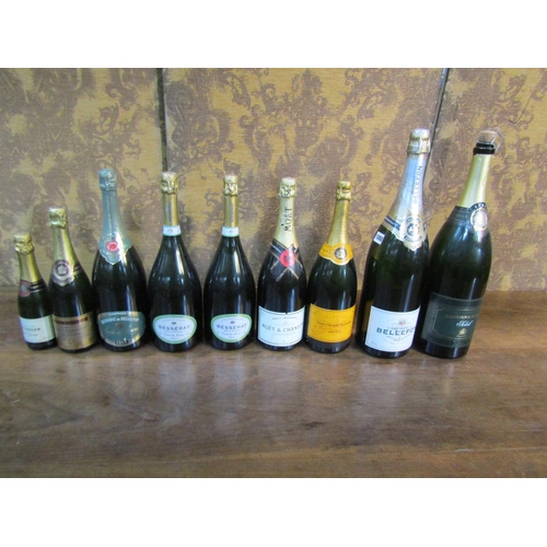 1088 - Nine empty champagne and other bottles with labels for decoration