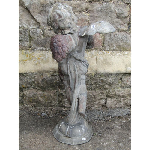 1304 - A 19th century lead water fountain in the form of a winged cherub clasping a fish, 80cm high