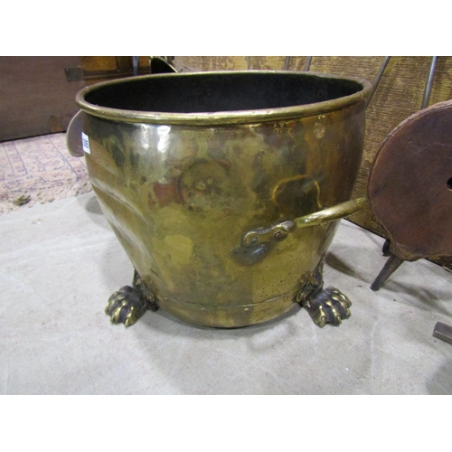 1305 - A brass log bin on lions paw feet with loop handles, coal scuttle, elm bellows, sundry fire irons, e... 