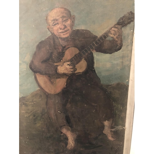 1594 - An very large genre painting depicting a seated musician playing the guitar, early 20th century, oil... 