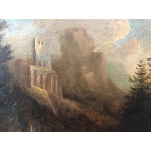 1638 - 19th Century School - A romantic landscape with a figure in the foreground and ruined castle above, ... 