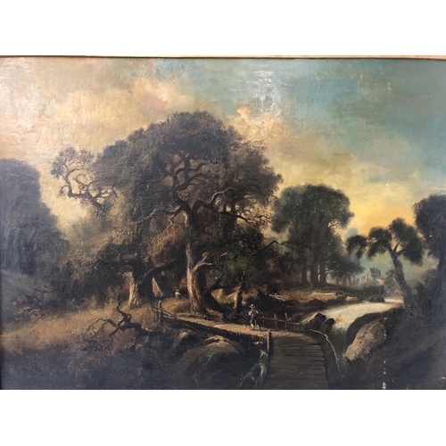 1639 - Late 19th French School - Landscape scene with figures crossing a bridge over a stream, oil on canva... 