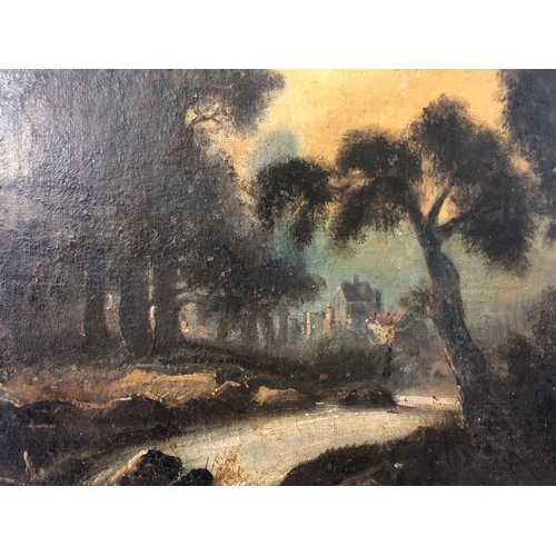 1639 - Late 19th French School - Landscape scene with figures crossing a bridge over a stream, oil on canva... 