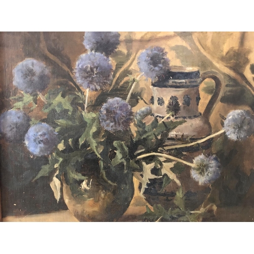 1655 - 20th Century British School - Still life with a jug and vase of thistles, unsigned, oil on board, 40... 