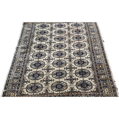 1520 - A Bokara style carpet, with three row of elephant foot blue guls on a beige ground, 185 x 130cm appr... 