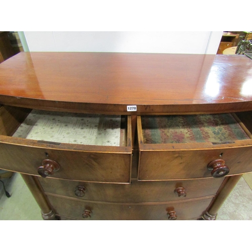 1270 - A Victorian mahogany bow front chest of  three long and two short drawers with column supports, 128c... 