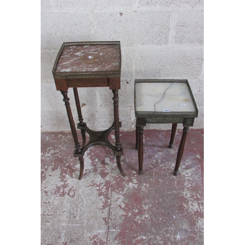 1443 - 19th century square cut occasional table with  marble top with brass gallery and a further similar s... 