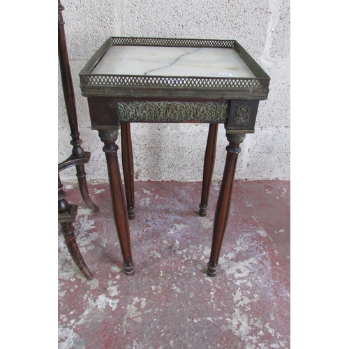 1443 - 19th century square cut occasional table with  marble top with brass gallery and a further similar s... 