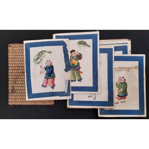 1695 - Twelve 19th century Chinese pith paintings, depicting children carrying decorative lanterns in diffe... 